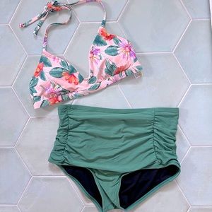 Gianni Bini Green and Pink Tropical Floral High Waist Bikini